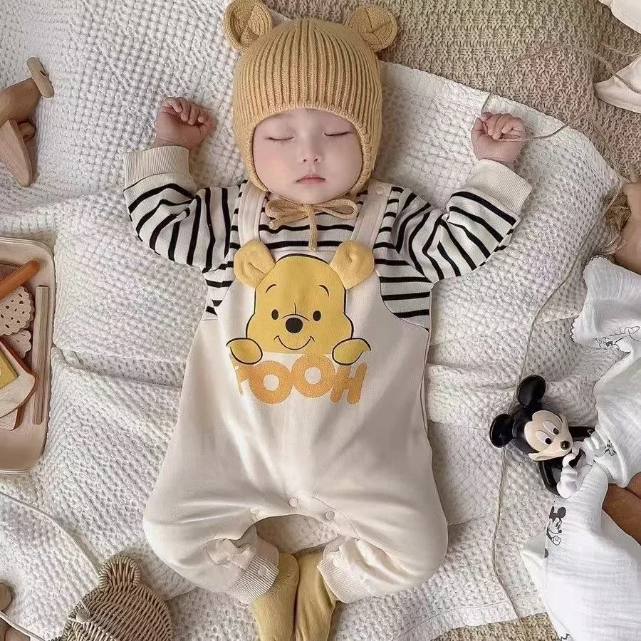 Spring Winter Newborn Baby Boys Rompers Cartoon Winnie Pooh Print Long Sleeve Jumpsuit Cotton Keep Warm Kids Girl Outfit Clothes