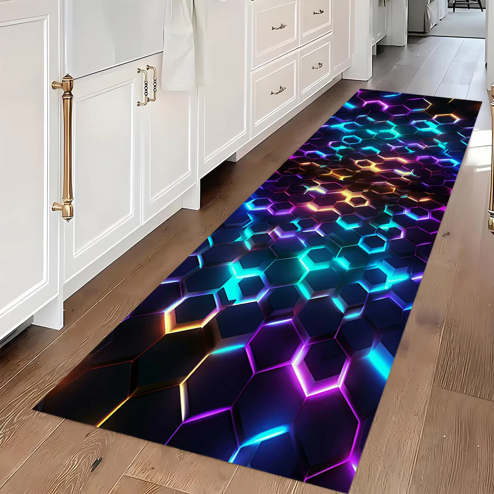 Neon Runner Rug Long Non Slip Washable Kitchen Floor Mat with Glowing Honeycomb Pattern Long Hallway Entryway Rug for Laundry