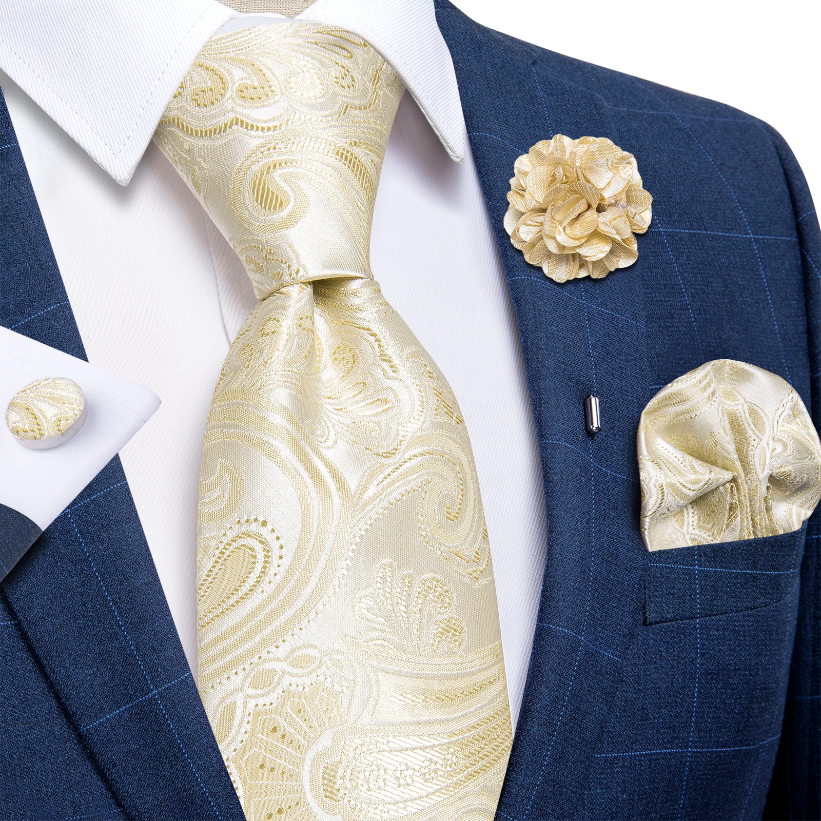 New Classic Green Blue Paisley Ties For Men Handkerchief Cufflinks Brooch Pin Wedding Accessories Men Gift Dropship