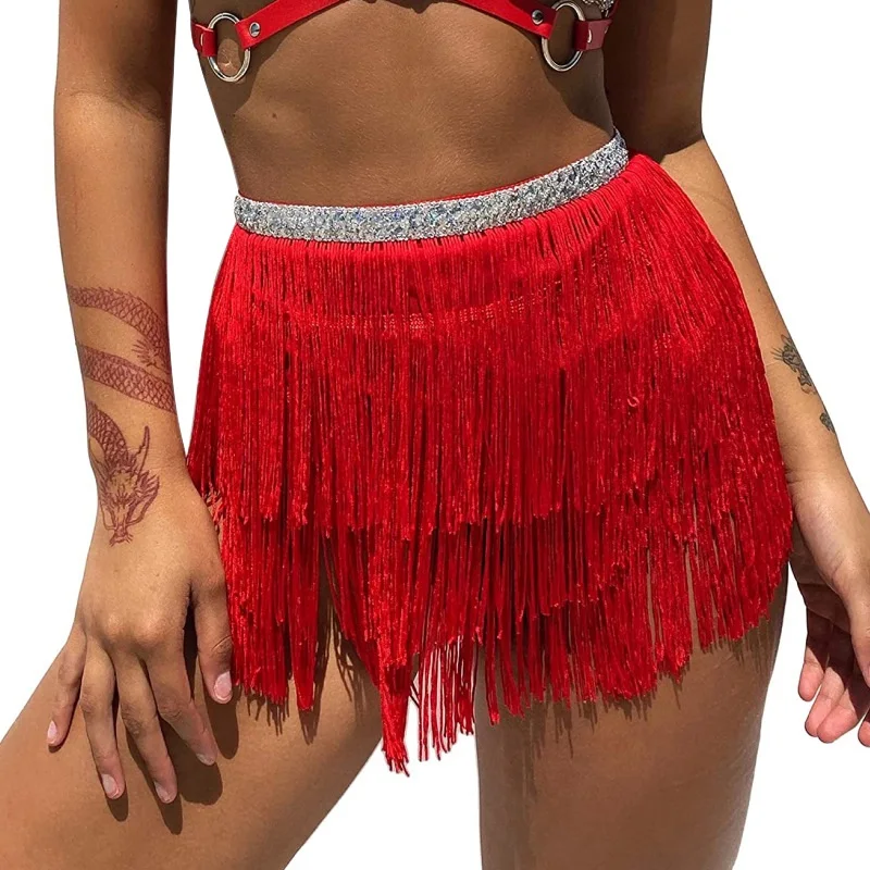 Women Latin Dance Skirt Sexy Three-layer Fringed Tassel Red Samba Tango Black Adults with Safety Pant Clothess