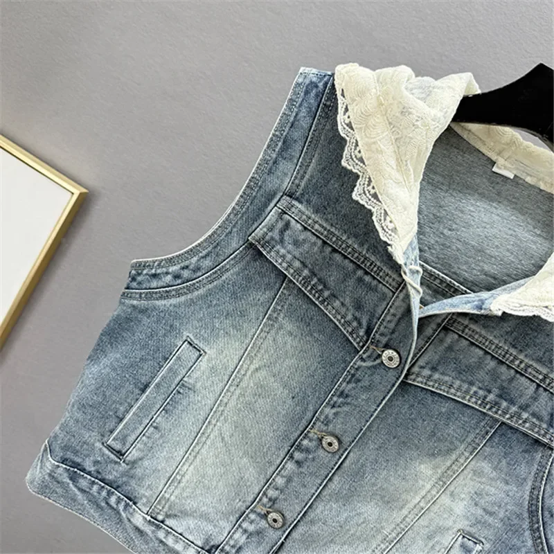 Printemps été nouveau mince court Denim gilet Vintage lavé bleu sans manches Cowboy gilet revers simple boutonnage jean gilet femme