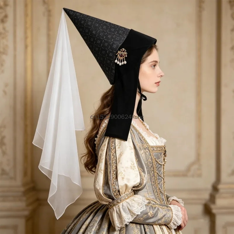 

New Women Medieval Hennin Hat with Veil Renaissance Vintage Cone Pointy Hat Halloween LARP Costume Accessories Female Headpiece