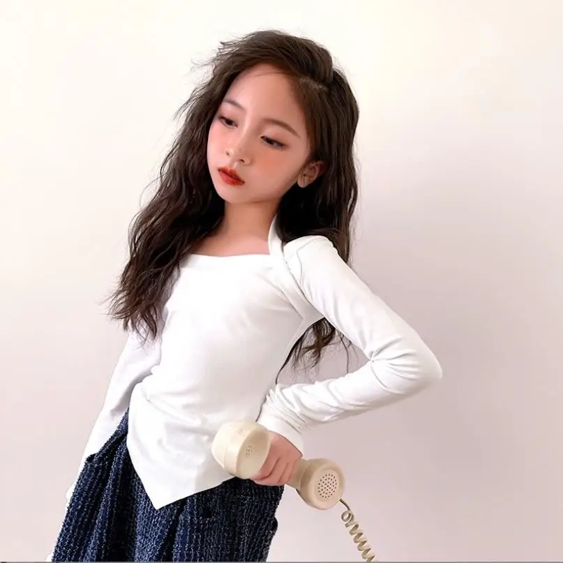 

New Baby Girl Design T-shirt Children Spring Summer New Long Sleeve Tops Teenage Clothes Kids Fashion Irregular Tees Wz605