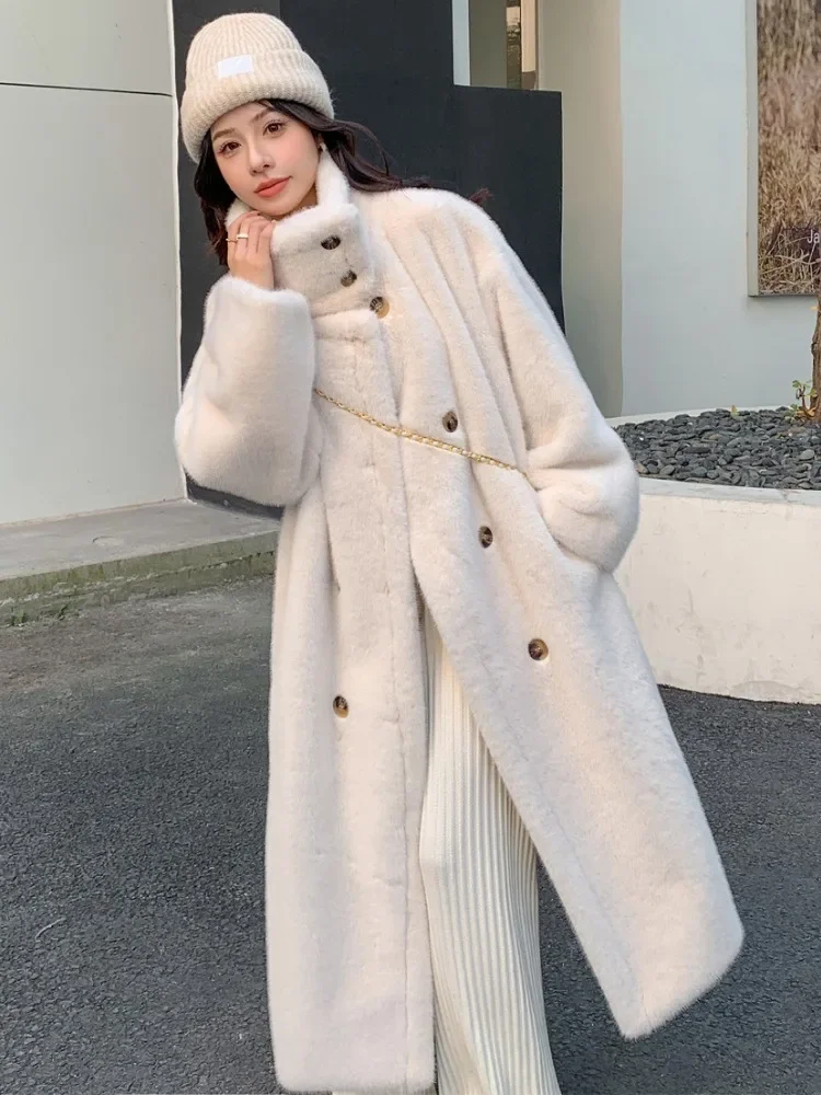 Imitation Mink Fur Coat Women Clothes Winter High Collar Long Jacket Loose Plus Size Double-Breasted Thicken Plush Coats Female