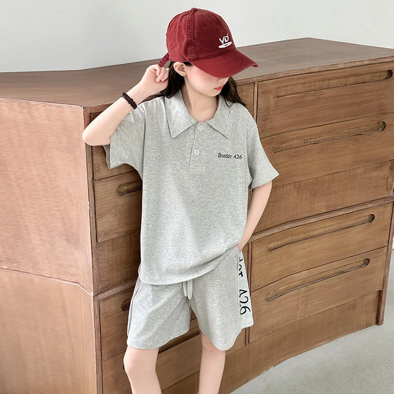 Brief Style Children's Summer Suit with Shorts for Girl Loose Casual Top and Bottom Clothes Set Kids Letter Print Polo Tracksuit