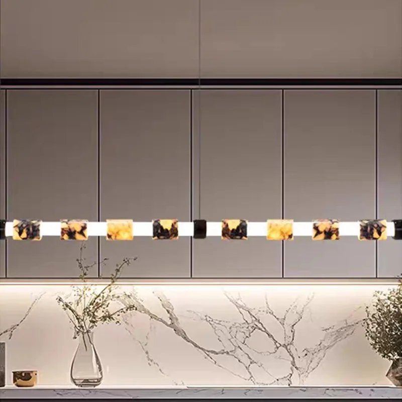 French light luxury marble restaurant island counter bar chandelier, high-end villa dining table tea room atmosphere strip light
