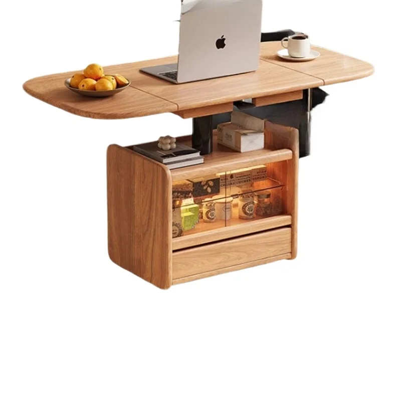 

Coffee table small apartment living room side cabinet tea table lifting and folding dual-purpose telescopic solid wood sofa