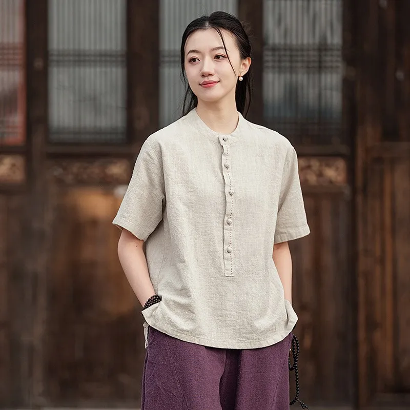 

Retro Chinese Sle Linen ort Sve T-irt Women Summer Loose Fit Stand Collar Large Size Top Cotton Linen Blend
