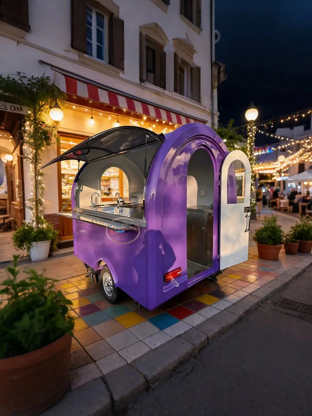 

Outdoor Food Trailer Purple Expandable Serving Window Flexible Layout for Refrigerators And Kitchen Utensils