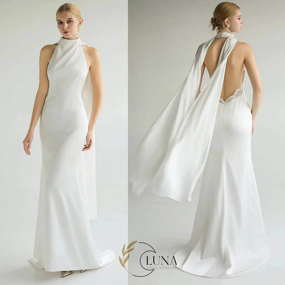 Luna Customized Elegant Satin Mermaid Civil Wedding Dresses 2026 New High Neck Backless Bridal Gown Beach Wedding Gown