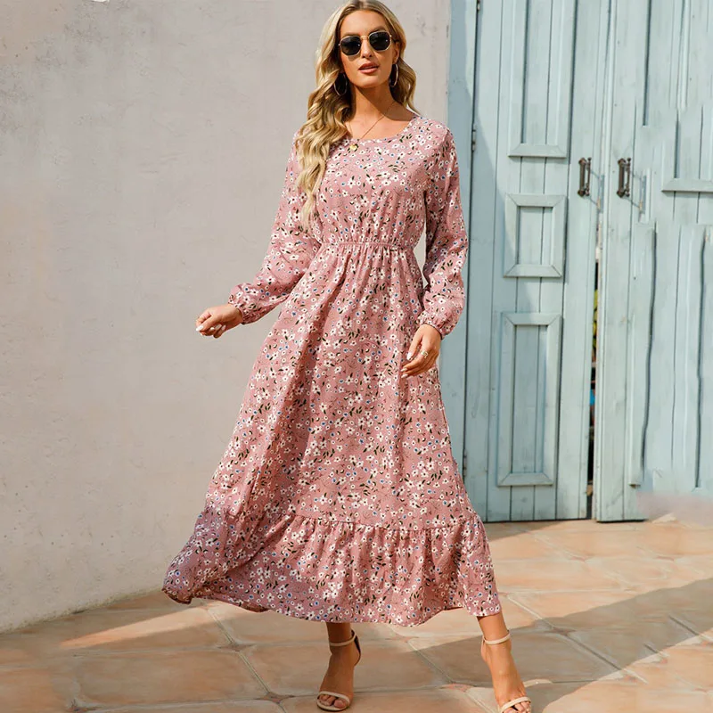 

Sping Summer Bohemian Maxi Dress Women Casual Long Sleeve High Waist Beach Chiffon Long Dresses Floral Vestidoes Mujer