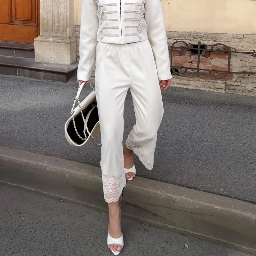 Women's Satin Capri Pants High Waist Wide Leg Cropped Trouser Lace Trim Patchwork Casual Elegant Summer Fall Button Palazzo Pant