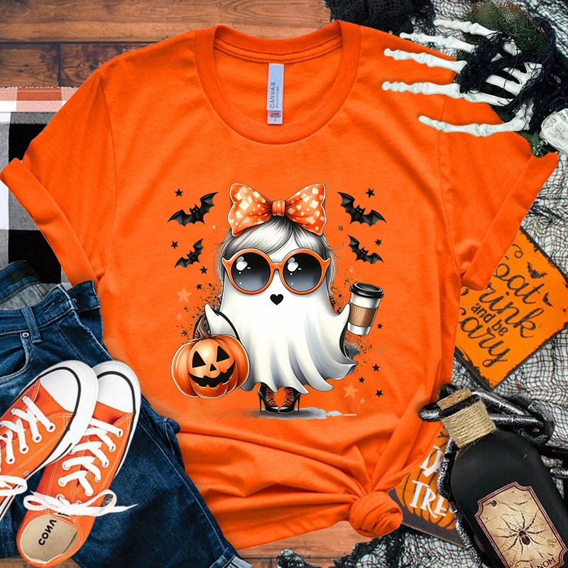 Funny Halloween Pumpkin Boo Print T-Shirt Summer Casual Graphic T Shirt Women Men Short Sleeve Round Neck Shirts