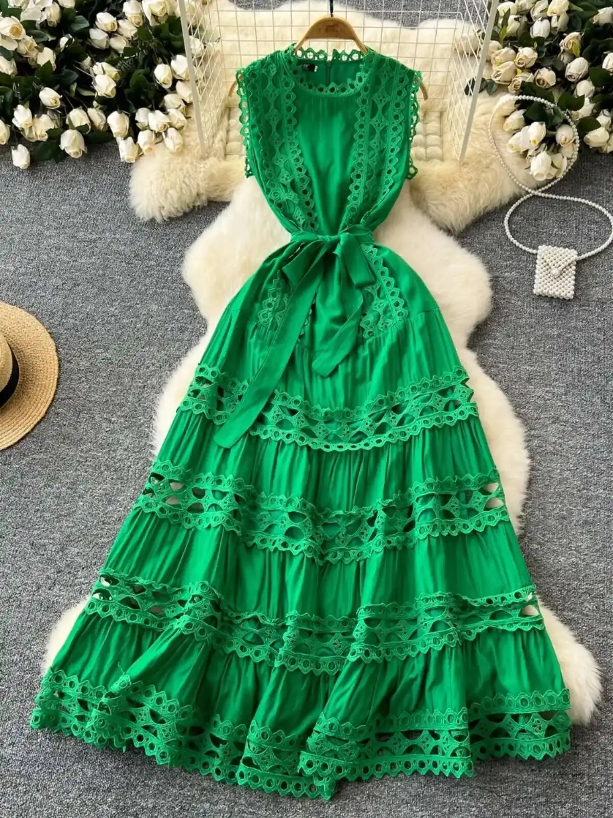 Luxury Elegant Embroidery Long Holiday Dresses Women Summer Sleeveless Hollow Out Belt A Line Evening Party Vestidos