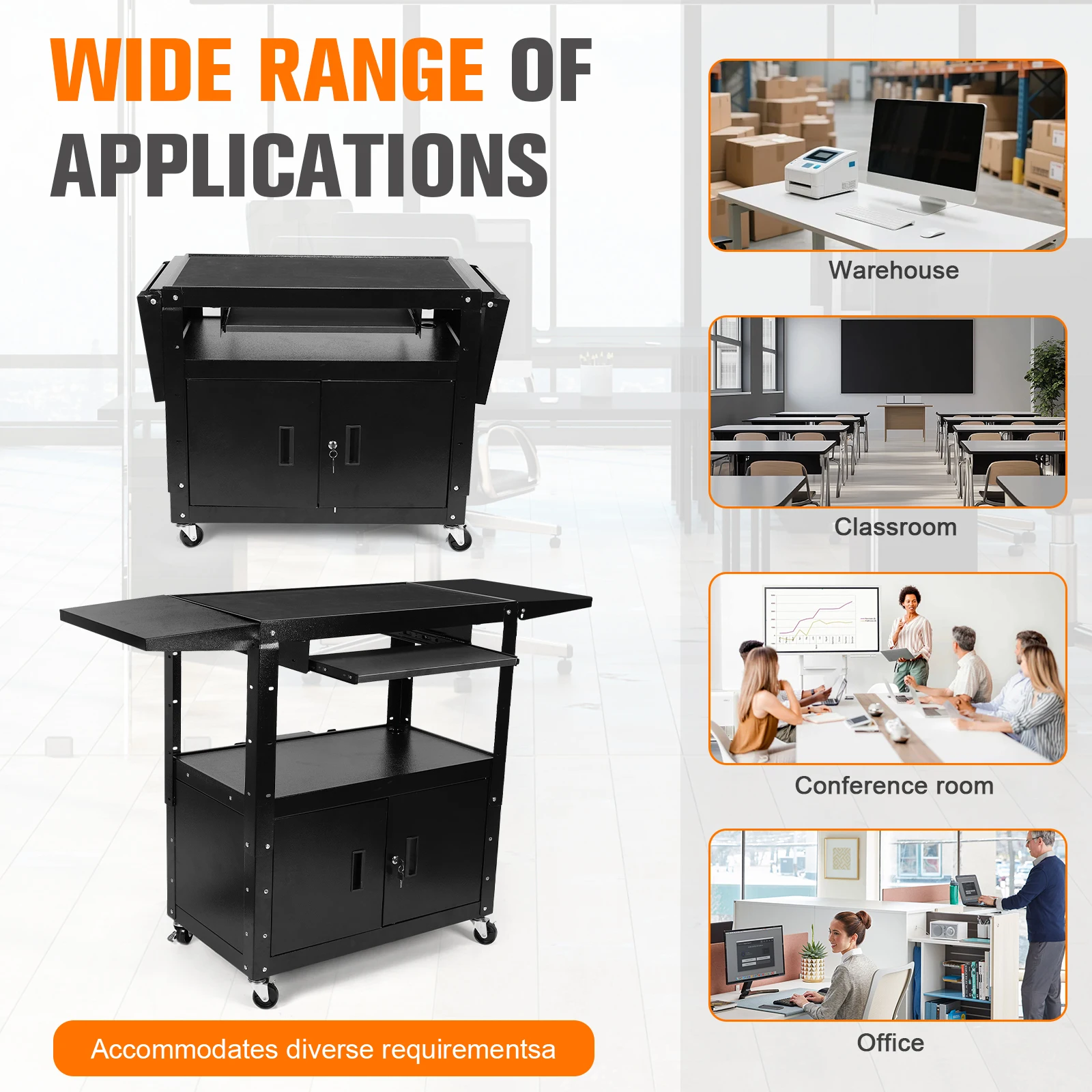 عربة AV فولاذية مع عربة عرض خزانة قفل مع صينية لوحة مفاتيح قابلة للسحب وإدارة سلك لعرض الفصول الدراسية المكتبية