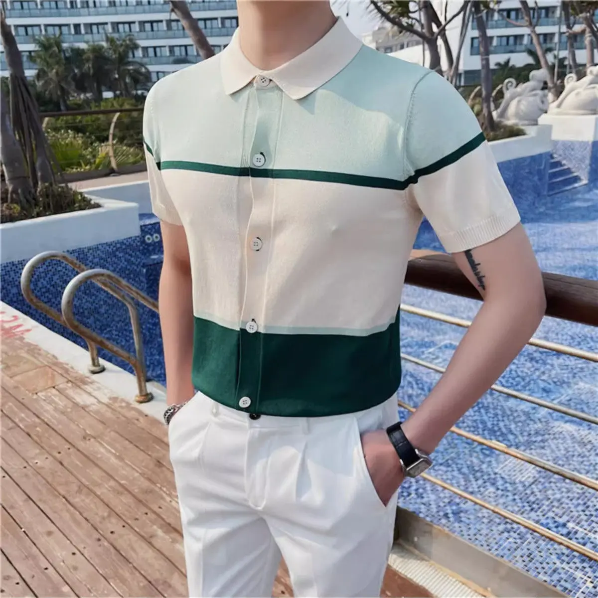 

Contrast color knitted short-sleeve polo shirt for men slim-fit versatile casual and business collar T-shirt for summer JJ1520