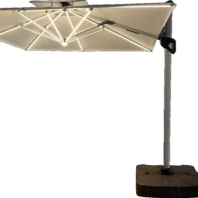 Hanging Banana Umbrella Cantilever Offset Parasol Double Top Vent Solar LED Lights 360° Rotate with Water Base for Garden