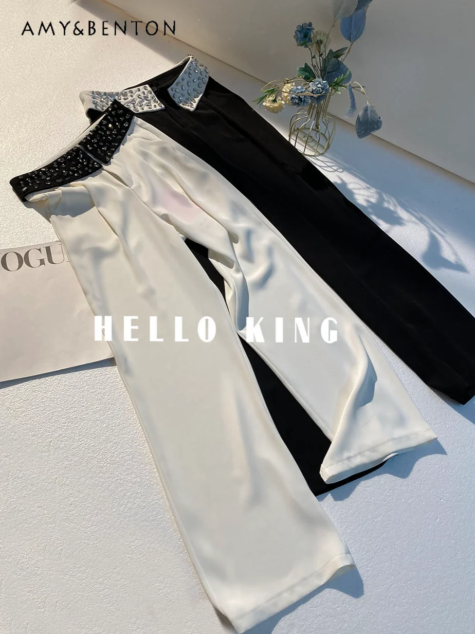 Commute Style Acetate Ice Silk Loose Wide-Leg Pants Women Summer New High-Grade Rhinestone High Waist Slimming Casual Suit Pants