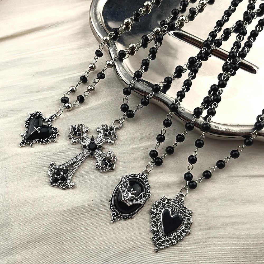 Goth Black Bead Rosary Necklaces Vintage Cross Bat Heart Pendant Dark Punk Y2K Grunge Aesthetic Silver Chain Jewelry For Girls