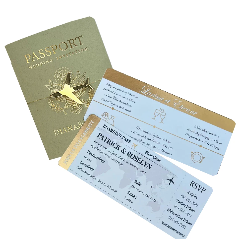 30/55pcs Sage Green Invitation, Custom Paper Passport Tickets Invite Cards With Acrylic Plane, Travel Wedding Theme Template