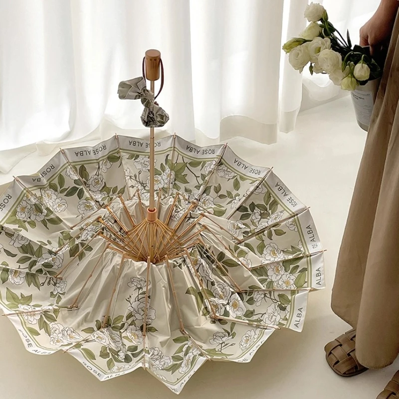 ヴィンテージ風16本骨折りたたみ傘-uvカット-耐風-大型パラソル-レトロ-クラシックデザイン-女性用-旅行-日常持ち運び用-頑丈