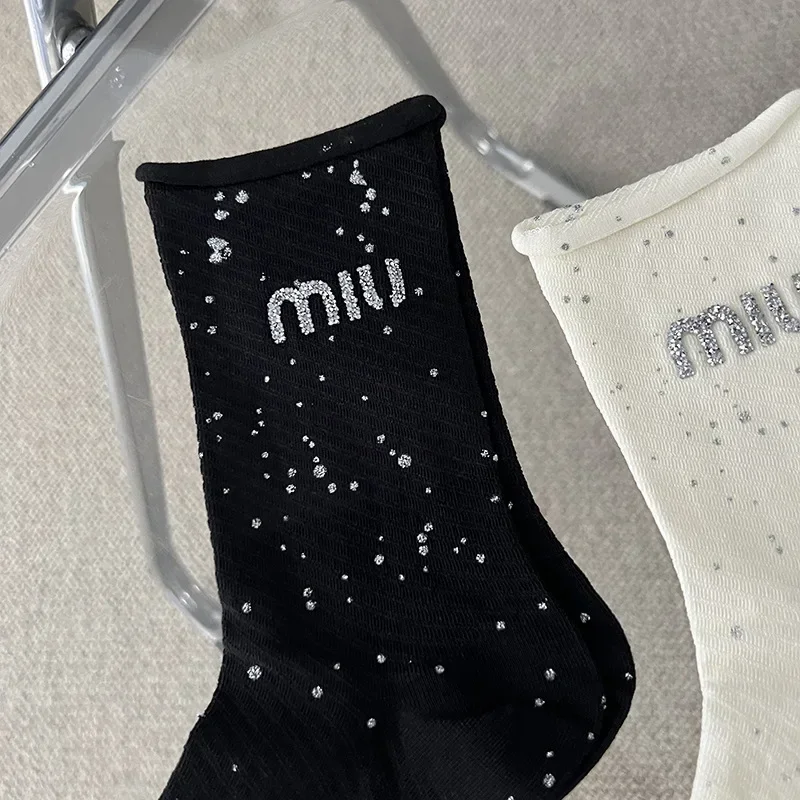 Hot Diamond Letter Glitter Socks with Diamond Jewelry  Light Luxury Women's Socks Spring and Summer Thin Cotton Socks