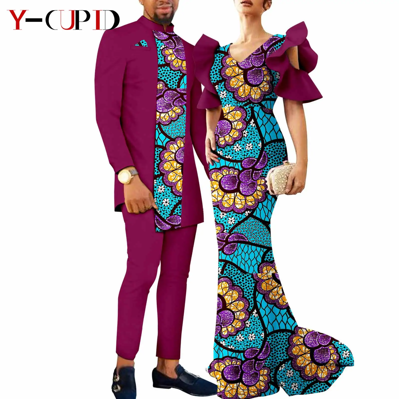 Vestidos africanos a juego para hombre y mujer, chaquetas Dashiki, abrigos y pantalones, conjuntos Bazin Riche, ropa estampada para pareja Y23C018