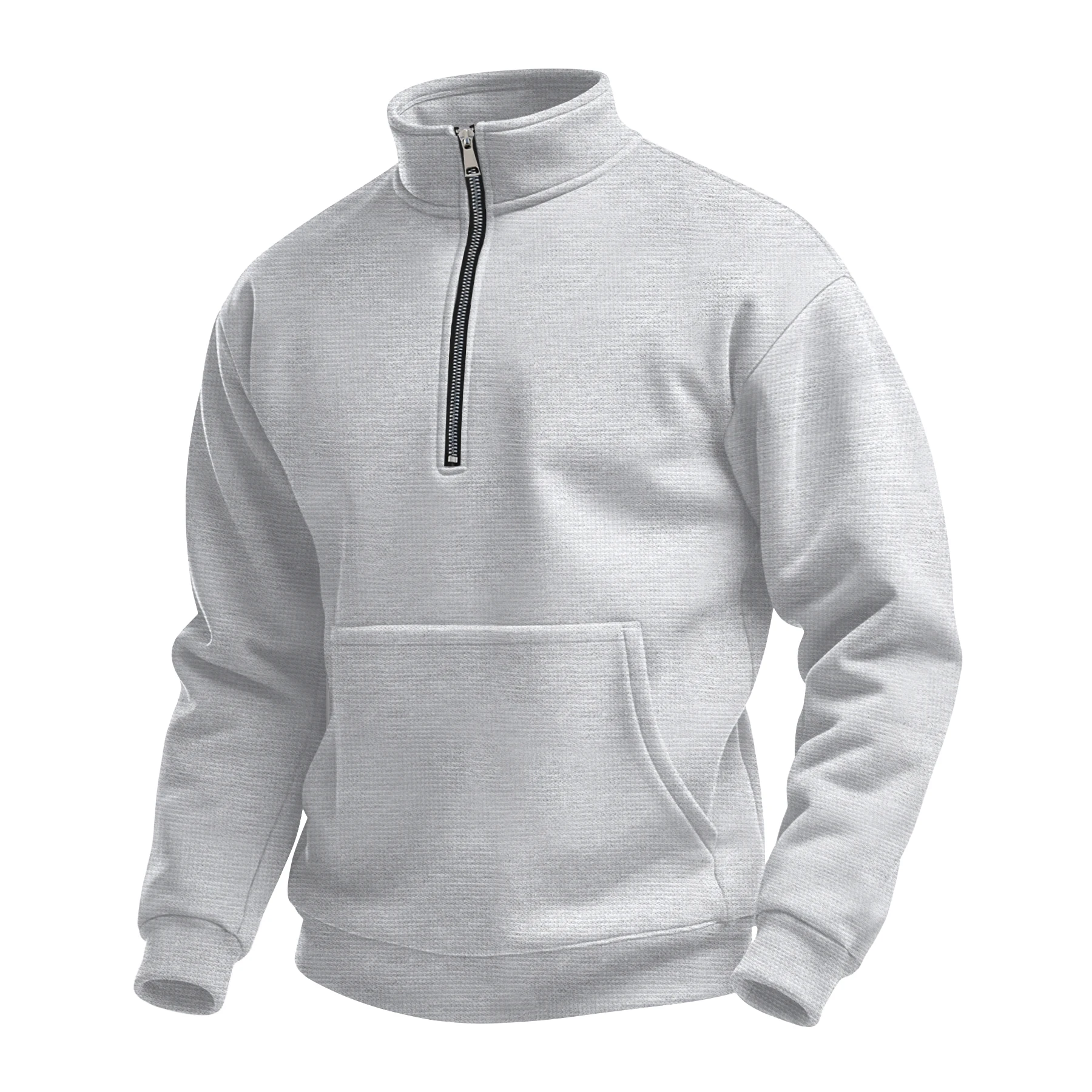 Suéter de punto gofrado con cremallera de un cuarto para hombre - Sudadera casual de manga larga con cuello alto y bolsillo canguro