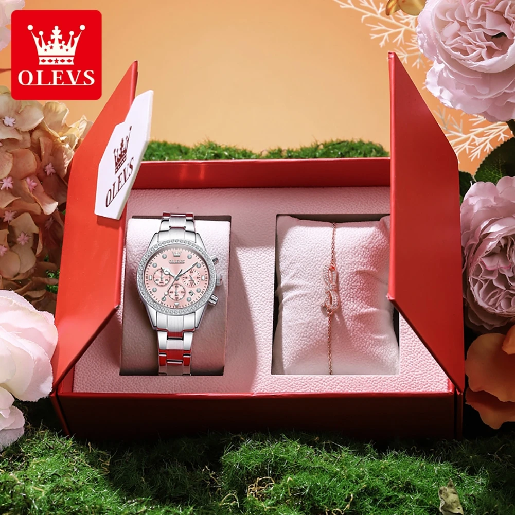 OLEVS 9909 Diamond Luxury Quartz Woman Wristwatch Chronograph 24 Hours Display Watch Stainless Steel Waterproof Watch For Women