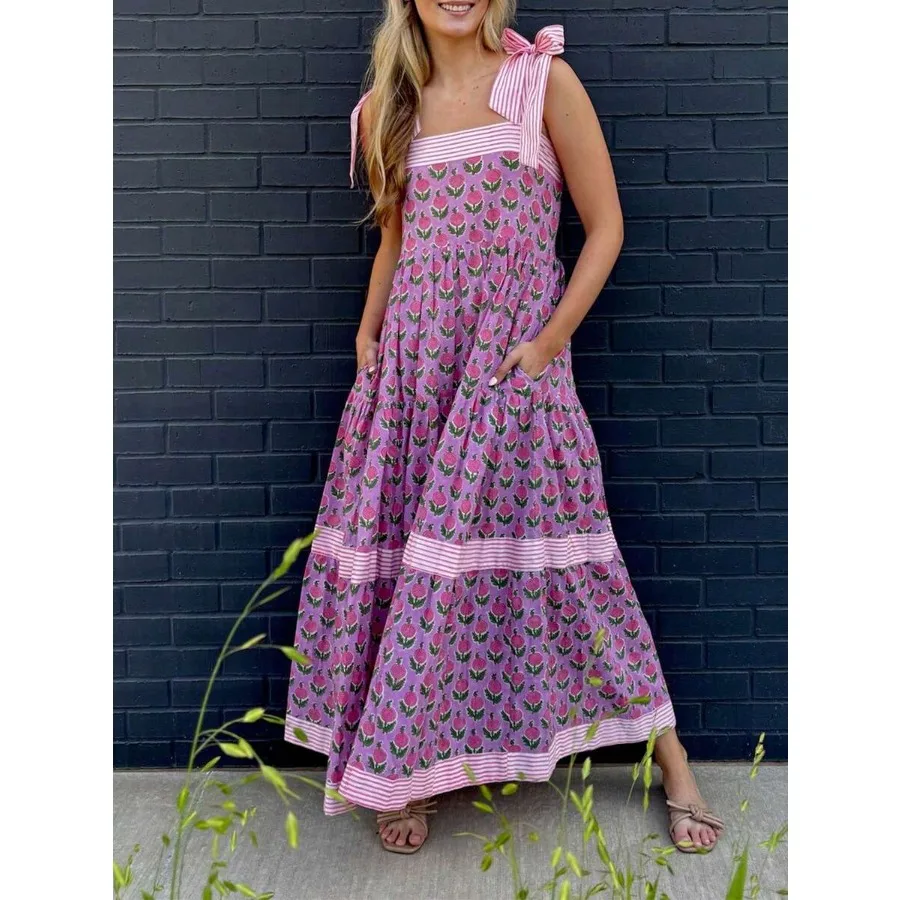 

Women Bohemain Floral Maxi Dress Square Neck Bow Tie Shoulder Flowy Dress Ruffled Tiered Summer Beach Sundress