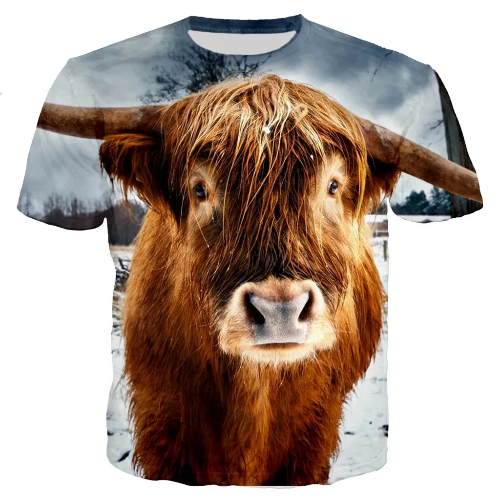 Camiseta estampada de vaca animal fofa e divertida masculina, gola redonda, confortável, manga curta, plus size, moda casual, verão