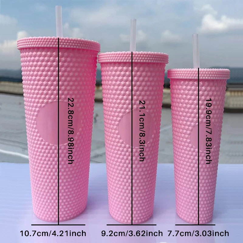 LUSQI Three Sets Of Creative Diamond Plastic Cups Large Capacity Solid Color Straw Cups Single-Layer Zapper Durian Cups