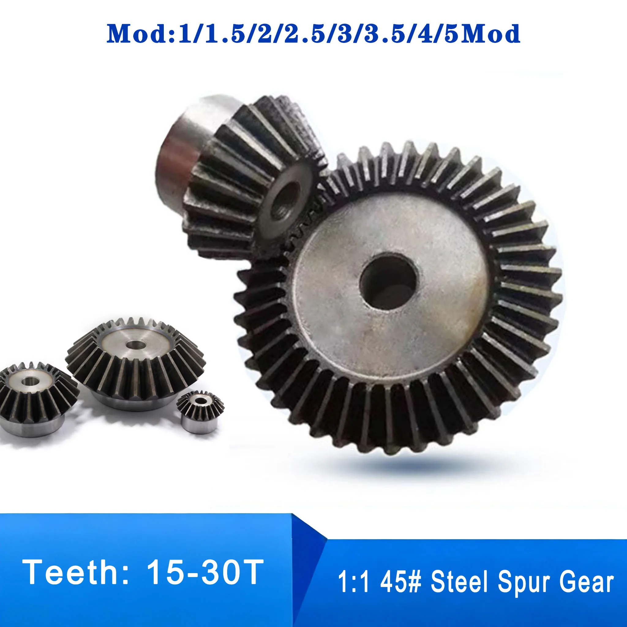 1Pcs 1/1.5/2/2.5/3/3.5/4/5Mod 1:1 Bevel Gear 15T-30Teeth 90 Degrees Meshing Angle Drive Transmission Gear 45# Steel Hardening