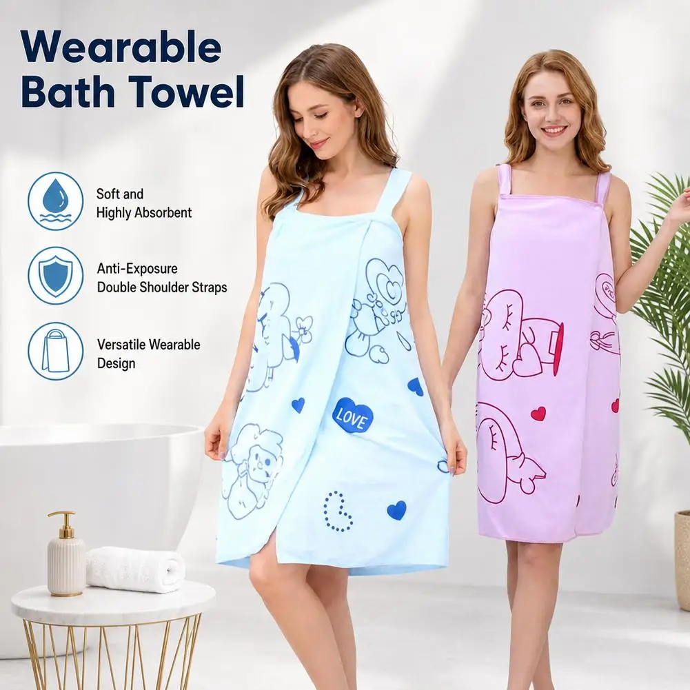 Cartoon Rabbit Print Wearable Bath Towel Women Shoulder Strap Button Bath Wrap Dress Soft Polyester Absorbent Shower Body Wrap