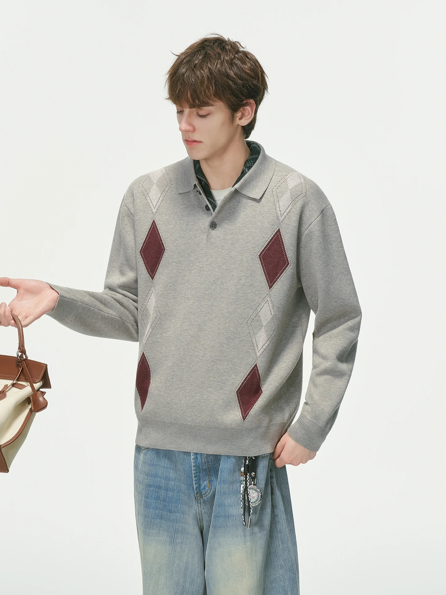 Men's Wool Blend  Neck Knitwear Dream Made Old Money Style Diamond Pattern Base Layer Sweater Autumn Commute Fashion