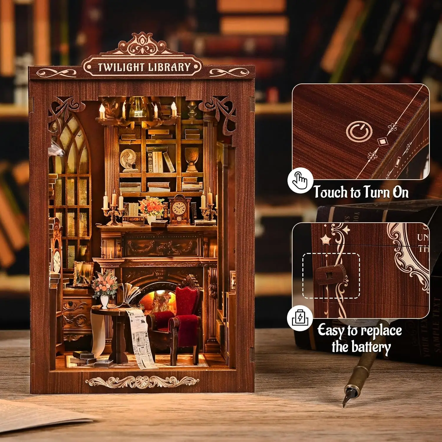 DIY Book Nook Kit Miniature Wooden Dollhouse with Light Bookshelf Insert Decoration Model for Bookshop Memories Christmas Gifts