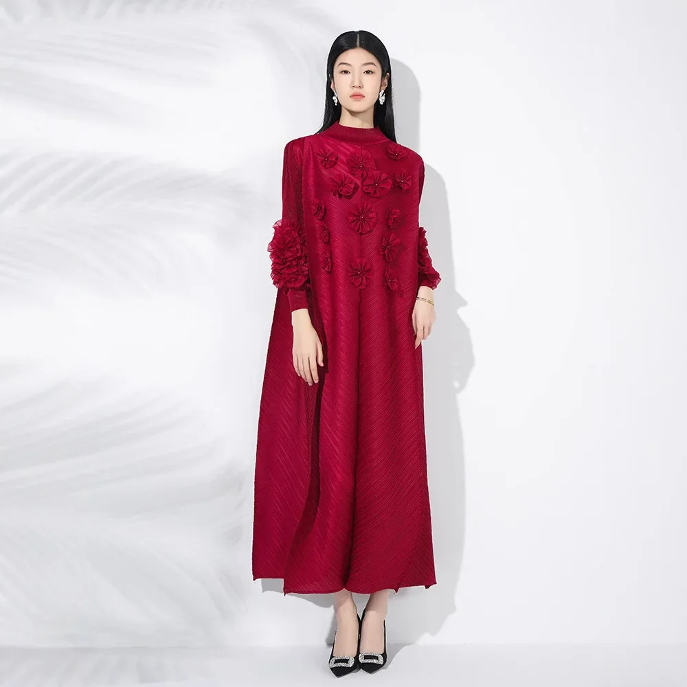 

Miyake Style Pleated Long Dress for Women New Solid Color Bead Appliqué Puff Sleeves Flower Large Size Stretch Long Skirt