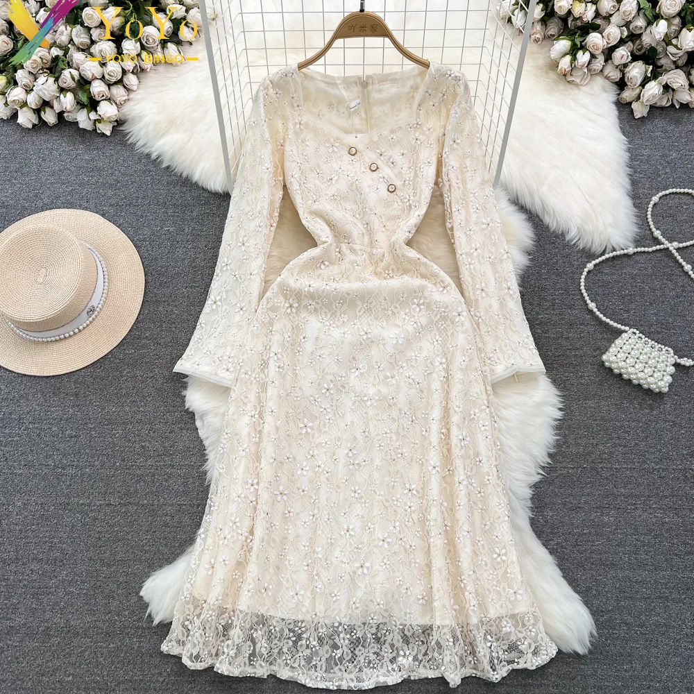 

Элегантное кружевное платье-трапеция на весну и осень с длинными рукавами и квадратным вырезом, Кружевное облегающее длинное платье средней длины, платье для выпускного вечера