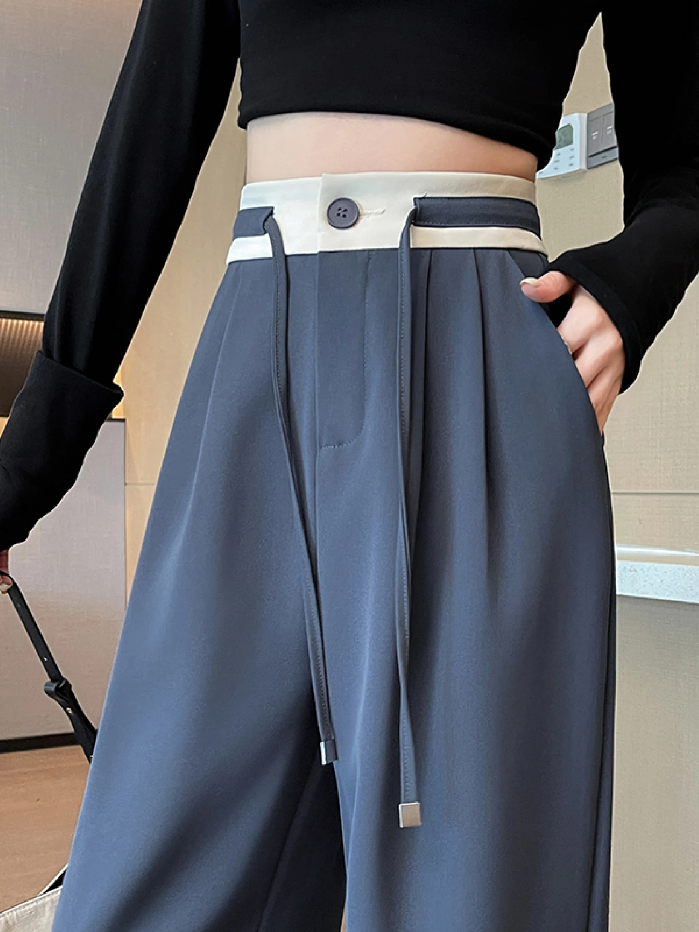 بنطلون واسع الساق بخصر مرتفع للنساء، تصميم فريد بألوان متباينة مع رباط خصر، بنطلون كاجوال مستقيم الساق لفصلي الربيع والخريف