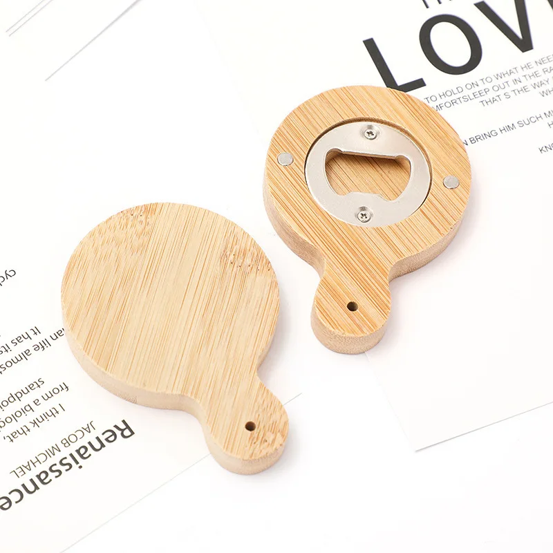 100Pcs Creative Bamboo Wooden Bottle Opener With Handle Coaster Fridge Magnet Decoration Beer Bottle Opener