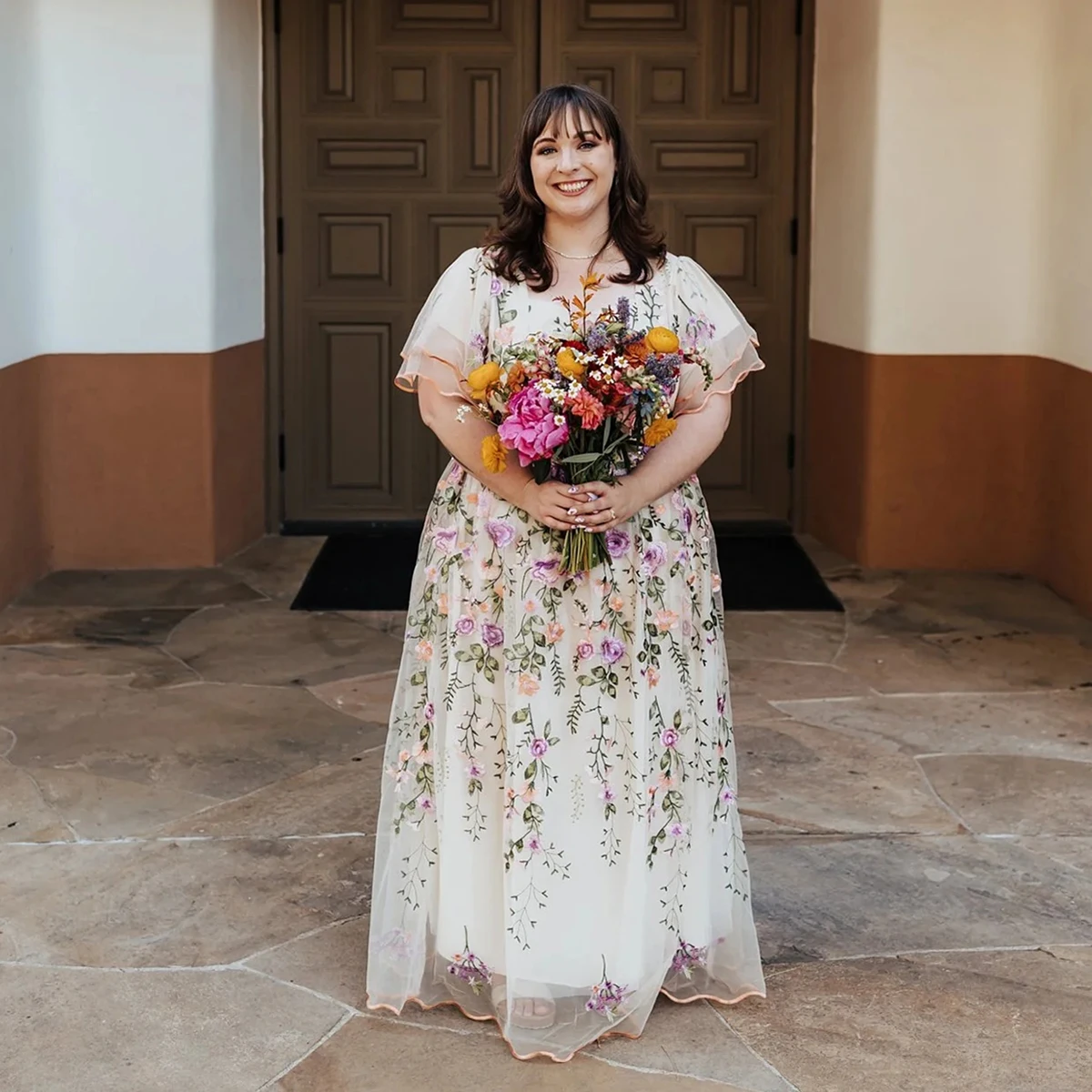 Flutter Sleeves Colorful A Line Oversized Bridal Dress Customized A Line Embroidered Floral Closed Back Unique Wedding Gowns
