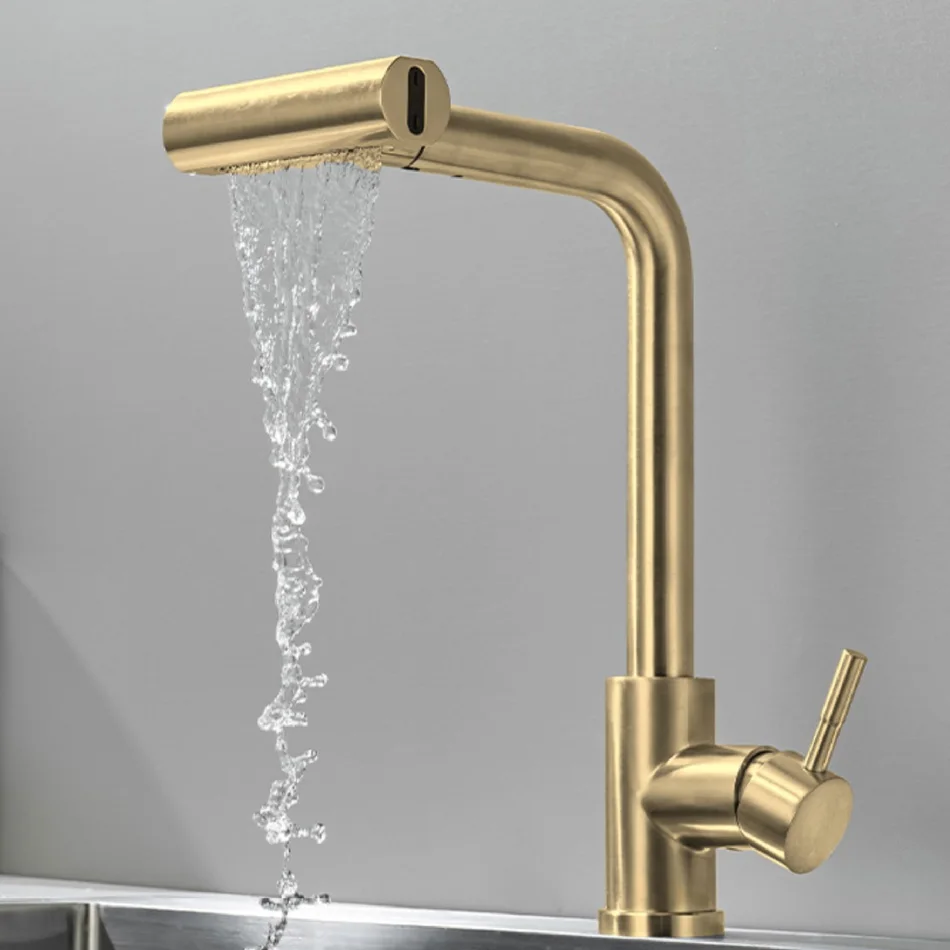 Brushed Gold Kitchen Faucet Pull Out Waterfall Black 304 Stainless Steel 360° Rotation Hot and Cold Water Saving Mixer Sink Tap