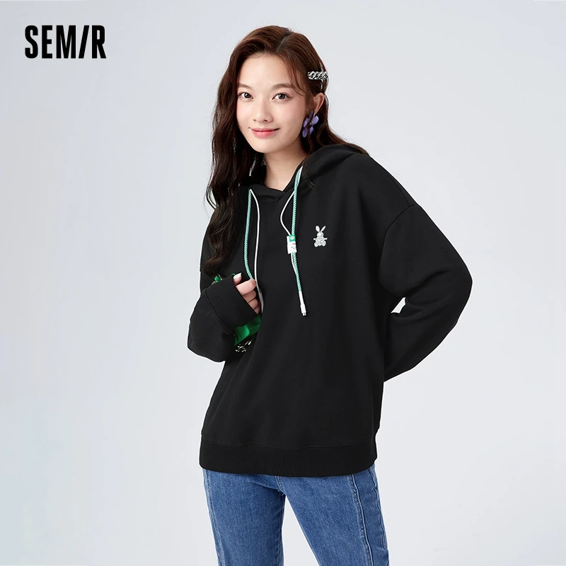 Semir Sweatshirt Women Velvet Presbyopic Rabbit Pullover Retro Winter Trendy Fashion Loose Hooded Sweatshirt