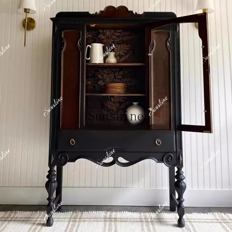 

French retro solid wood wine cabinet/light luxury living room storage simple and modern FT