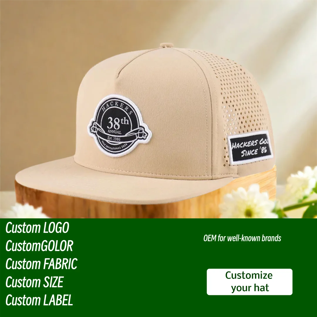 

Wholesale 5 Panel Vintage Golf Hat for Men Custom Logo Laser Cut Perforated Cap for Sport Outdoor Rubber Patch Waterproof Hat