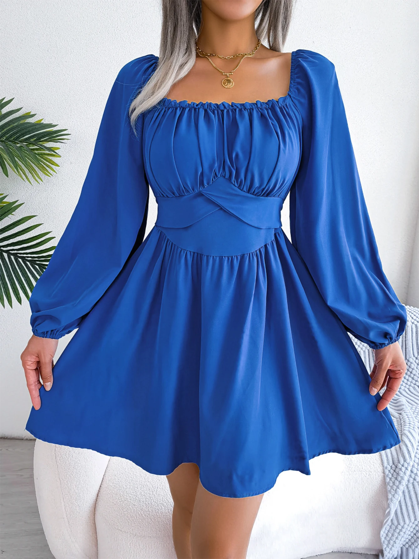 Feminino cor sólida shirring puff manga quadrado pescoço na altura do joelho casual a linha vestido outono diário básico simples decente