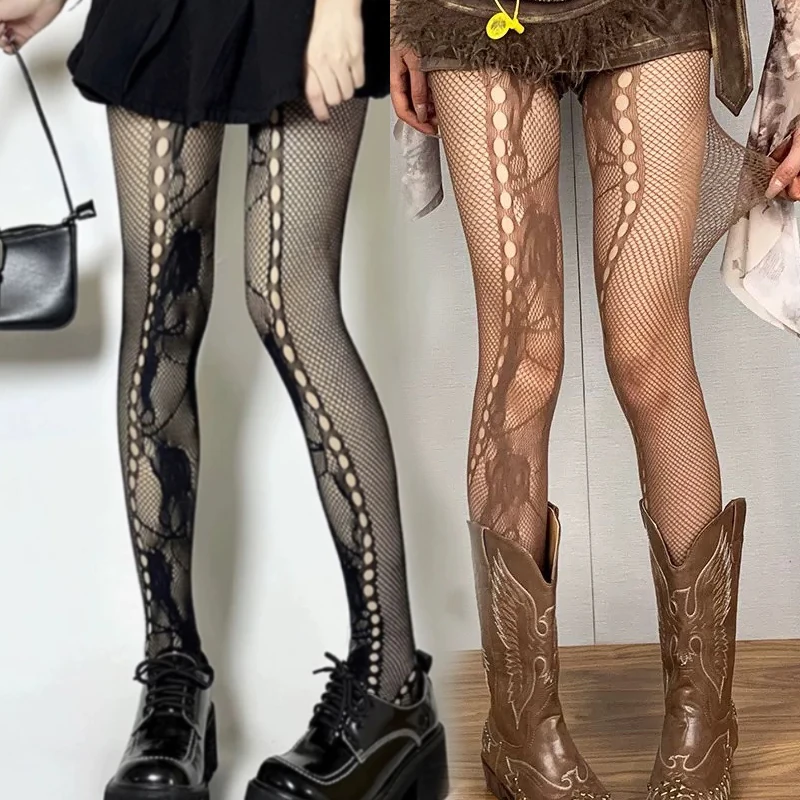 Y2K Cute Gothic Style Chosen Thigh High Stocking Women's Rose Flower Hollow Anti-Slipping Falling Fishnet Lingerie Pantyhose