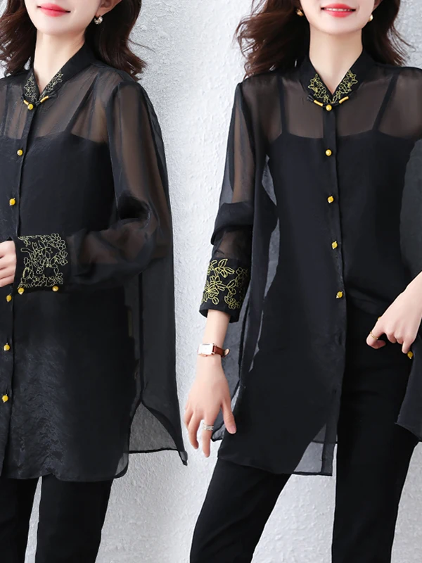블랙 자수 셔츠 여성용 봄 루즈핏 스탠드 칼라 버튼업 자외선 차단 긴팔 중간 길이 캐주얼 셔츠