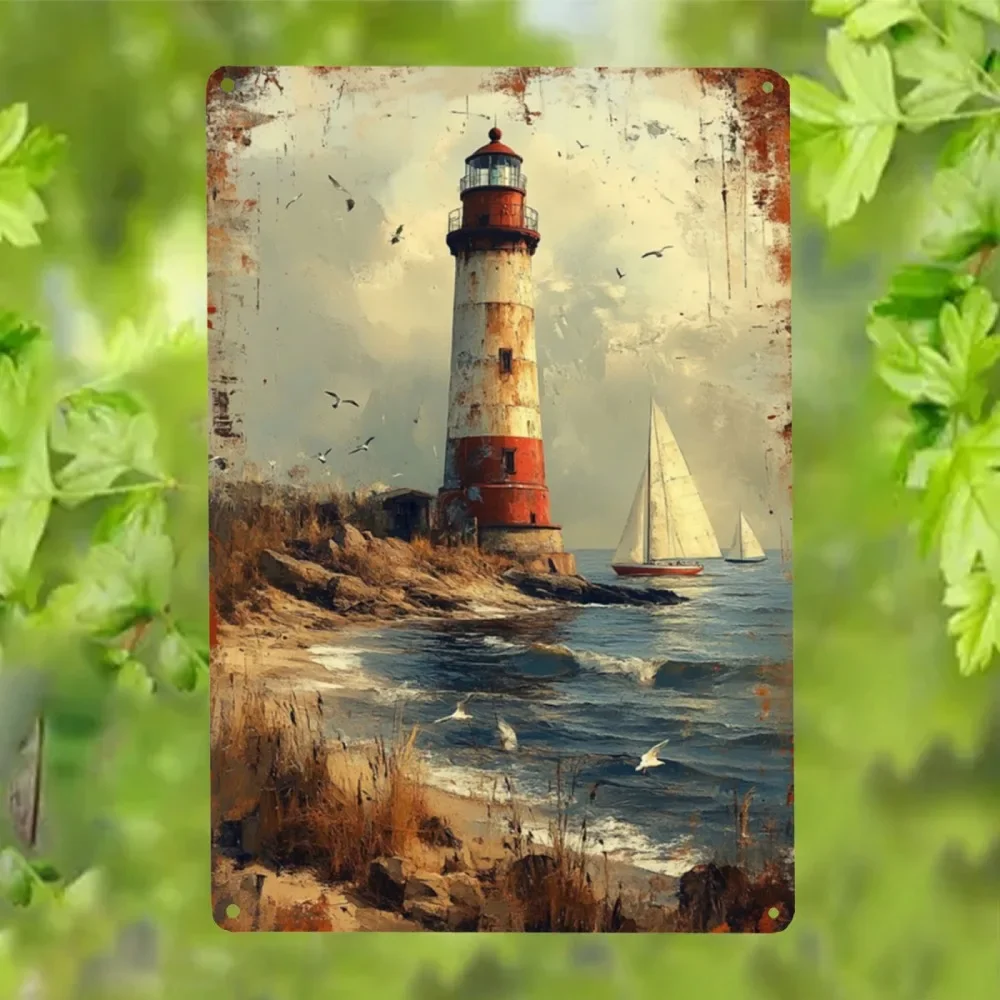 Vintage Lighthouse Iron Metal Tin Sign 8x12inch Rustic Coastal Wall Decor Plaque for Farmhouse Beach Bar Garden