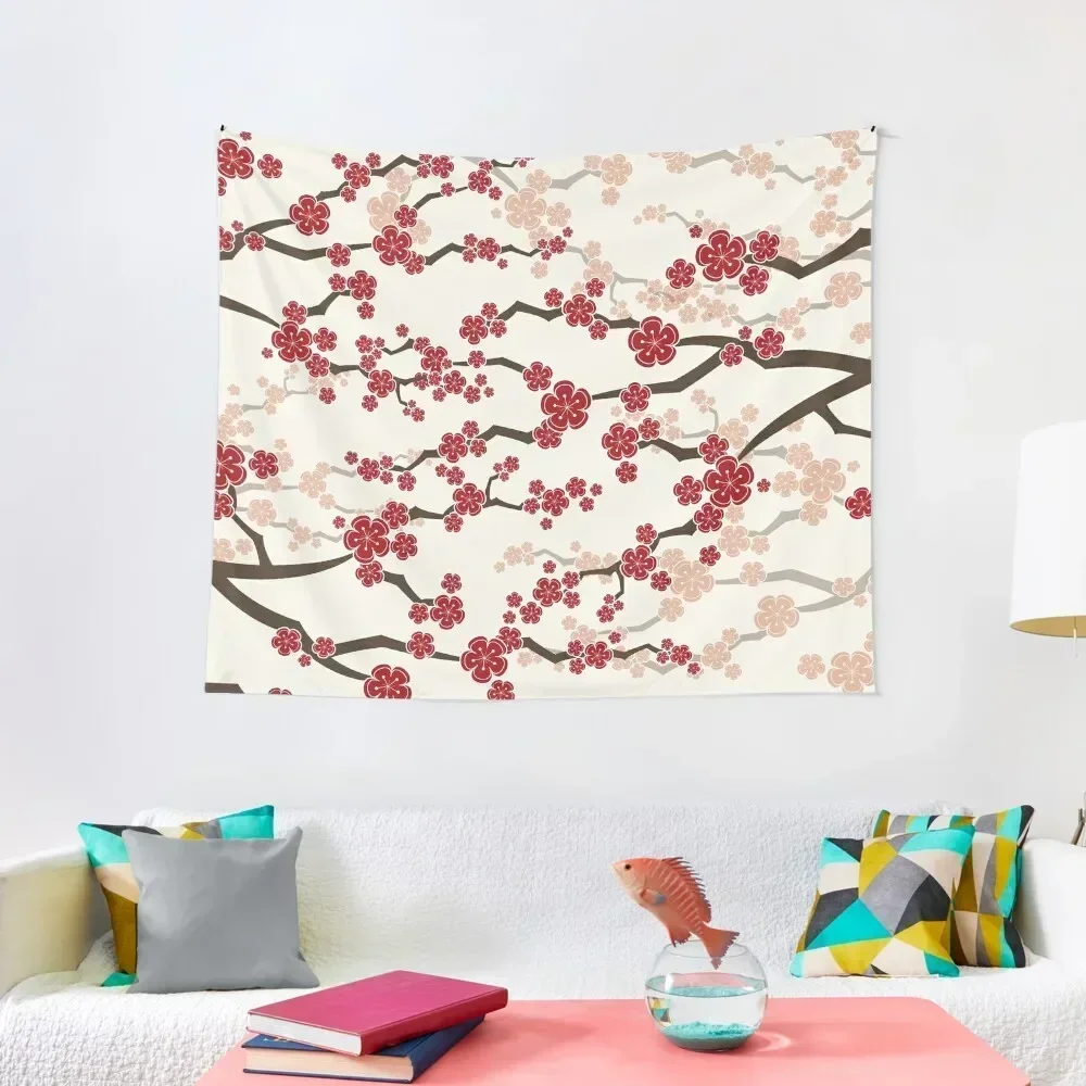 Red Oriental Cherry Blossoms On Ivory | Zen Japanese Sakura Flowers ? fatfatin Tapestry Cute Room Decor Decoration Wall Tapestry